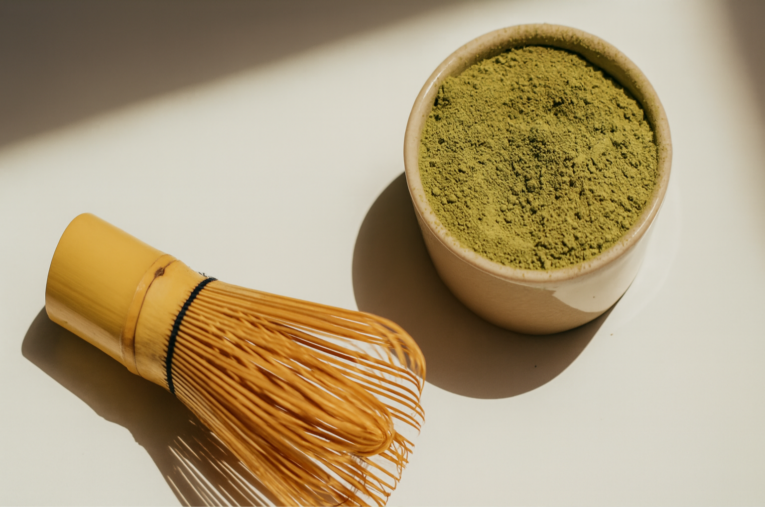 Matcha green tea powder in a bowl with a whisk on a light surface